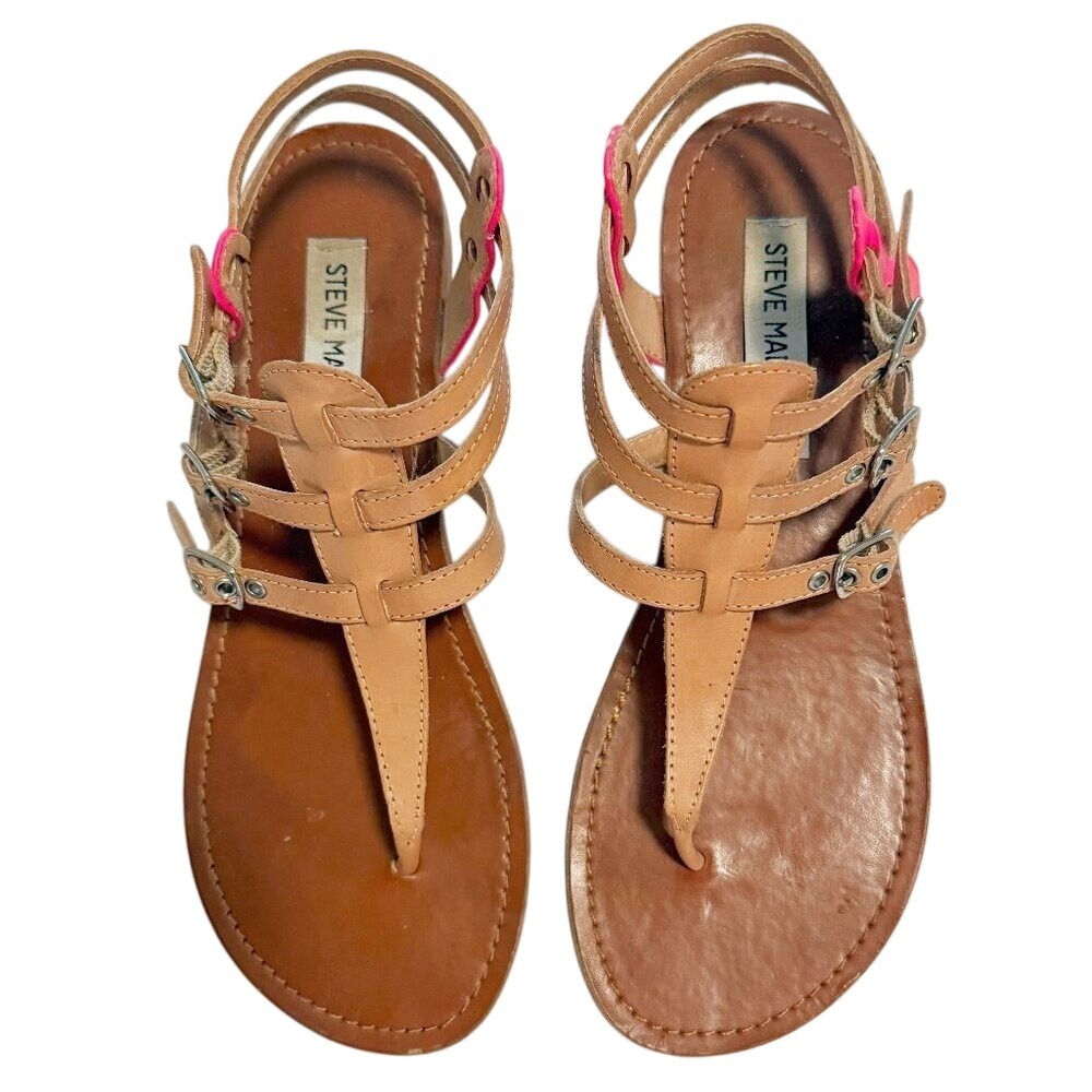 Steve Madden SAAHTI Tan Neon Pink Gladiator Sandals Strappy Thong Flat Womens 8